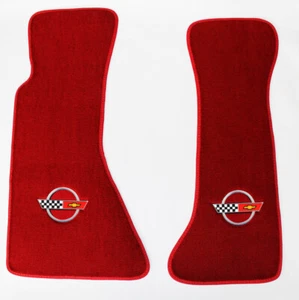 NEW! RED FLOOR MATS 1984-1996 Corvette With Embroidered Circle Official Logo Slv - Picture 1 of 12
