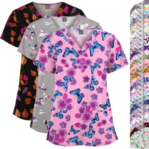 New Unisex Printed Scrub Tops Women Men Medical Nursing V-Neck Short Sleeve - Picture 1 of 72