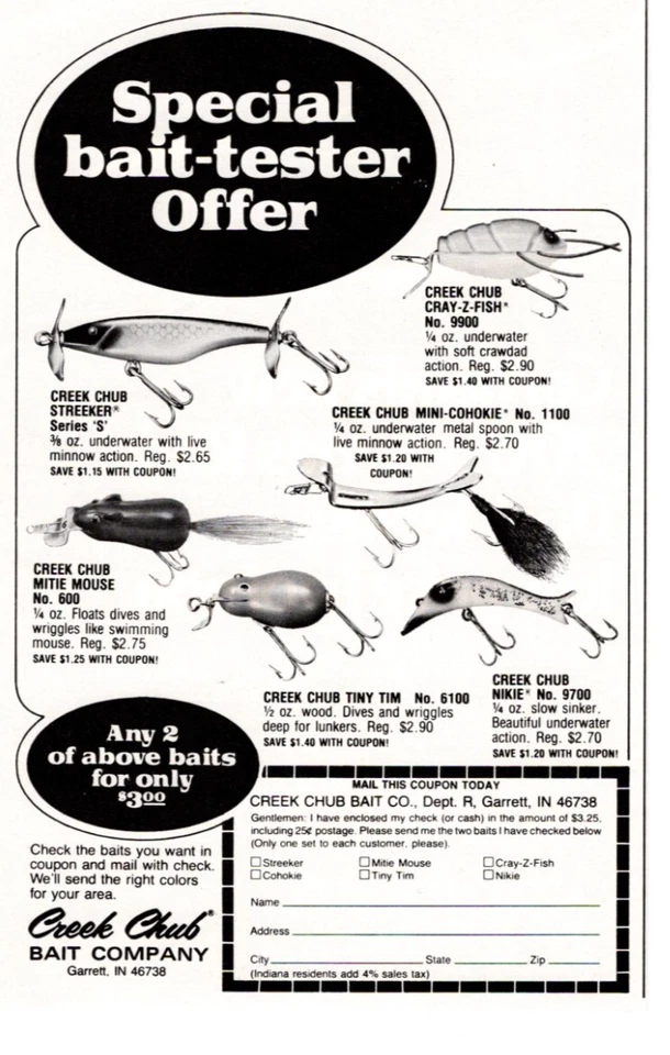 Anuncio impreso de señuelos de pesca Creek Chub 1977, aparejos de colección, señuelos, oferta especial anuncio impreso Foto 1 de 1