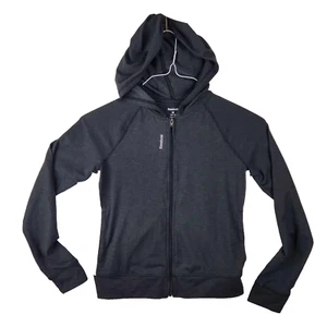 Reebok Girls Youth M Athletic Running Jacket Charcoal Full Zip Lightweight Hood - Picture 1 of 6