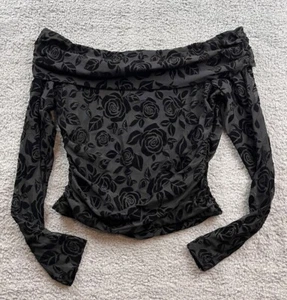 Wild Fable Women's Size XXS Long Sleeve Off The Shoulder Velvet Top Black - Picture 1 of 5