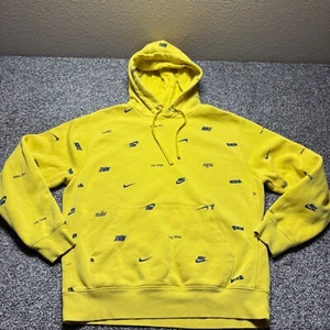 Nike Club Hoodie Men Medium Yellow Allover Logo Print Fleece Sweatshirt FB7434 - Picture 1 of 9