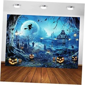 Halloween Photography Backdrop Full Moon Scary Night Castle 7x5ft Blue - Picture 1 of 8