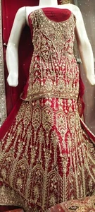 Pakistani Beading and Silma Hand Work Wedding Barat Red Dress Heavy Lehenga - Picture 1 of 3