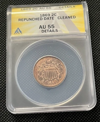 1869 2 cent piece repunched date ANACS AU55 details Cover