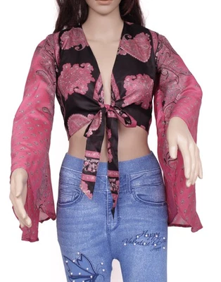 Sushila Vintage NEW Bohemian Bell Sleeve Recycled Silk Saree Top 70,s Retro Pink - Image 1 of 4