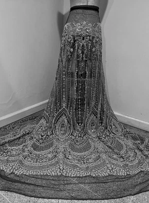 Silver Black Beaded Sequins Embroidery Lace Fabric 50” Width SOLD BY THE YARD - Image 1 of 4