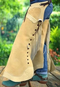 Chaps de escopeta de cuero gamuza Western Cowboy Ranch equipo de flecos para montar - Imagen 1 de 3