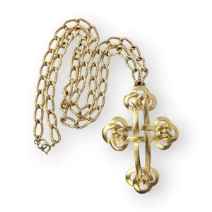 Trifari Celtic Cross Pendant Necklace Curb Chain Brushed Gold Plate Vintage 29"  - Picture 1 of 12