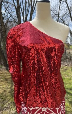 Allegra K Women's Red Sequin Top One Shoulder Puff Long Sleeve Size L - Image 1 of 4