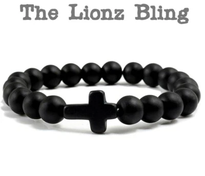 Gothic Chakra Black Onyx Cross on Matte Lava Stone 8mm Bead Stretch Bracelet - Image 1 of 3