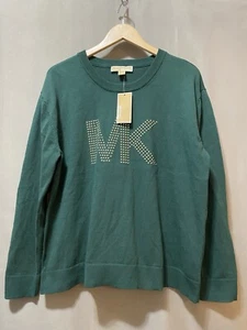 NWT Michael Kors Women Long Sleeve MK Gold Stud Logo Sweater SZ XL Dark Emerald - Picture 1 of 13