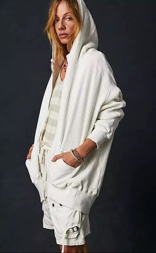 OFF WHITE Felpa con cappuccio FREE PEOPLE Ash •S• Dolman Waffle maglia zip tasche termiche panna