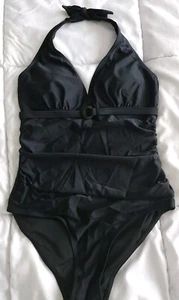 NEW Clarhder Black Halter One Piece Swimsuit Sz SMALL Tummy Control Bathing Suit - Picture 1 of 13