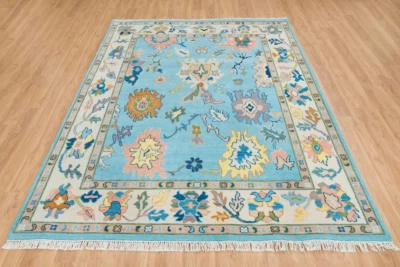 8x10 Handmade Sky Blue Oushak Rug | Orange Accent Turkish rug | Hand knotted - Image 1 of 4