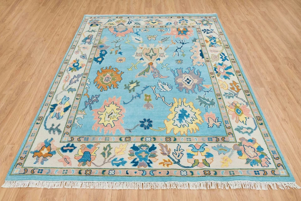 8x10 Handmade Sky Blue Oushak Rug | Orange Accent Turkish rug | Hand knotted - Image 1 of 4