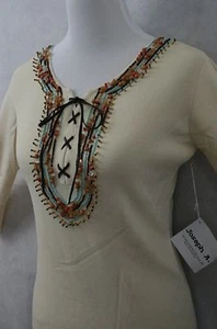 Joseph A Beige Nylon Blend SW Beaded Blouse Top 3/4 Sleeve SZ S NWT - Picture 1 of 9