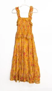 Vintage-Inspired Yellow Smocked Floral XS Maxi Dress W/ Ruffle Straps & Tiered - Picture 1 of 6