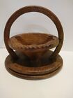 Vintage Round Folding Wooden Basket Trivet Bowl Hand Carved Flora