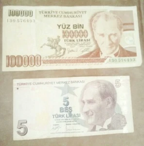5 Lira & 100000 Lira Two Turkey Banknotes UNC - Picture 1 of 2