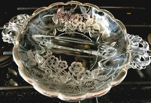 Vtg. Divided DISH, Sterling rim & floral applique, Heisey? Add or COLLECT! - Picture 1 of 6