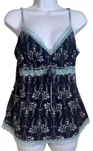Delicates Babydoll Top Women's Size L Blue Floral Lace Ribbon Adjustable Straps - Picture 1 of 9