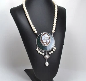 COLLANA IN ARGENTO 925 CON CAMMEI SARDONICO PERLE BIANCHE AGATA VERDE AGLN 0190 - Foto 1 di 3