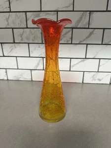 Vintage Amberina Red-Orange Crackle Cadmium, Glass Vase Ruffled Edge Hand Blown - Picture 1 of 3