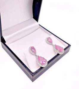 WHITE GOLD FINISH Pink Tourmaline pear cut created diamonds droplet earrings - Picture 1 of 6