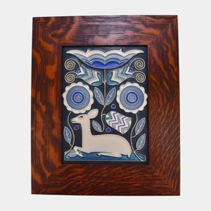 Motawi Tileworks Art Pottery Vienna Woods Blue Deer Oak Framed Tile - Picture 1 of 6