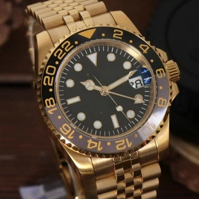 Opulente Uhr gold-schwarze Lünette Aut Saphir NH34 Jubiläumsarmband - Bild 1 von 3