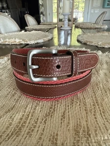 Vineyard Vines Men’s Belt Pebbled Leather & Canvas Chevron Jetty Red Size 36 - Picture 1 of 12