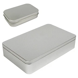 Large Silver Metal Rectangular Empty Tin Box Containers Storage Organization { - Picture 1 of 12