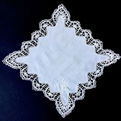 MOUCHOIR ANCIEN DE MARIAGE Dentelle Broderie XIXè Antique Lace HANDKERCHIEF - Photo 1/4