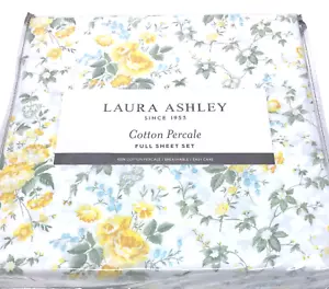 Full Comfy Crisp Cool Cotton Percale Sheet Set Laura Ashley Lilian Blue Yellow - Picture 1 of 4
