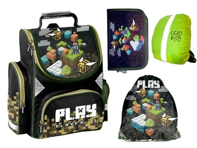 MARKENLOS 4er Set Schulranzen Ranzen Federmappe Turnbeutel GAME Pixels Minecraft Motiv