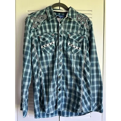 Austin Season Men's Medium Western Plaid Shirt With Embroidered Design Cowboy - Image 1 of 4