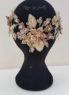 Wedding head piece Gold leafs, Rose gold, Gold, blush & topaz flowers hair vine - Image 1 of 4