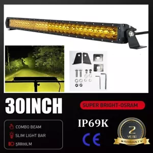 30inch Led Light Bar Slim Single Row Yellow Lens Fog Light Spot Flood 58800LM - Picture 1 of 7