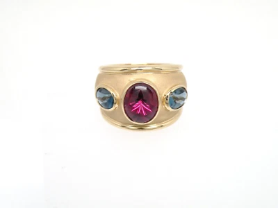 Vintage Authentic Large Kabana 14k Yellow Gold Ring, Garnet, Blue Topaz Ring - Image 1 of 4
