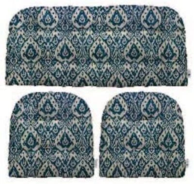 RSH DÉCOR Outdoor 3 Piece Wicker Loveseat & Chair Cushion Set, Ashmore Marine Blue Ikat