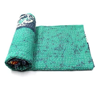 Colcha de algodón reversible vintage Kantha edredón indio hecha a mano manta sari d Foto 1 de 4