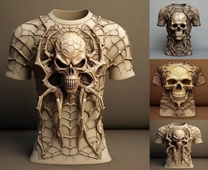 New Men's 3d Skull Spider T Shirt Stretch Crew Neck Printed Front & Reverse - Picture 1 of 7