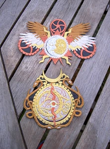 2X LARGE STEAMPUNK SEW ON PATCHES COSPLAY GOLD BRONZE SNAKES TIME CLOCK COGS - Picture 1 of 2