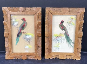 Vintage mexikanische Federkunst Vogel Feder Bild geschnitzte Holzrahmen 7” x 4 1/2” - Bild 1 von 8