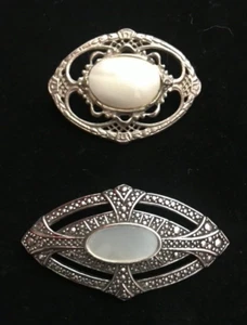 VINTAGE PIN/BROOCHES, ART DECO MARCASITE & VICTORIAN FILIGREE, BOTH WITH MOPEARL - Picture 1 of 7