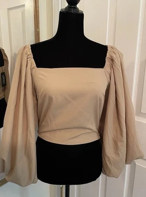 Nuevo Top Recortado Campesino Cuello Cuadrado Dramático Manga Abullonada Beige Talla Grande Boho Foto 1 de 4