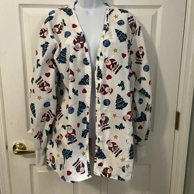 Holiday Christmas Scrub Lab Coat.  XL Santa, Christmas Tree Stars - Image 1 of 4