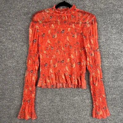 Free People Orange Floral Mesh Smocked Mock Neck Long Sleeve Peasant Top Women L - Image 1 of 4
