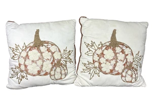 Fall Autumn Pumpkin Pillow Twine Burlap Embroidered Set of 2 - 17" x 17" - Picture 1 of 5